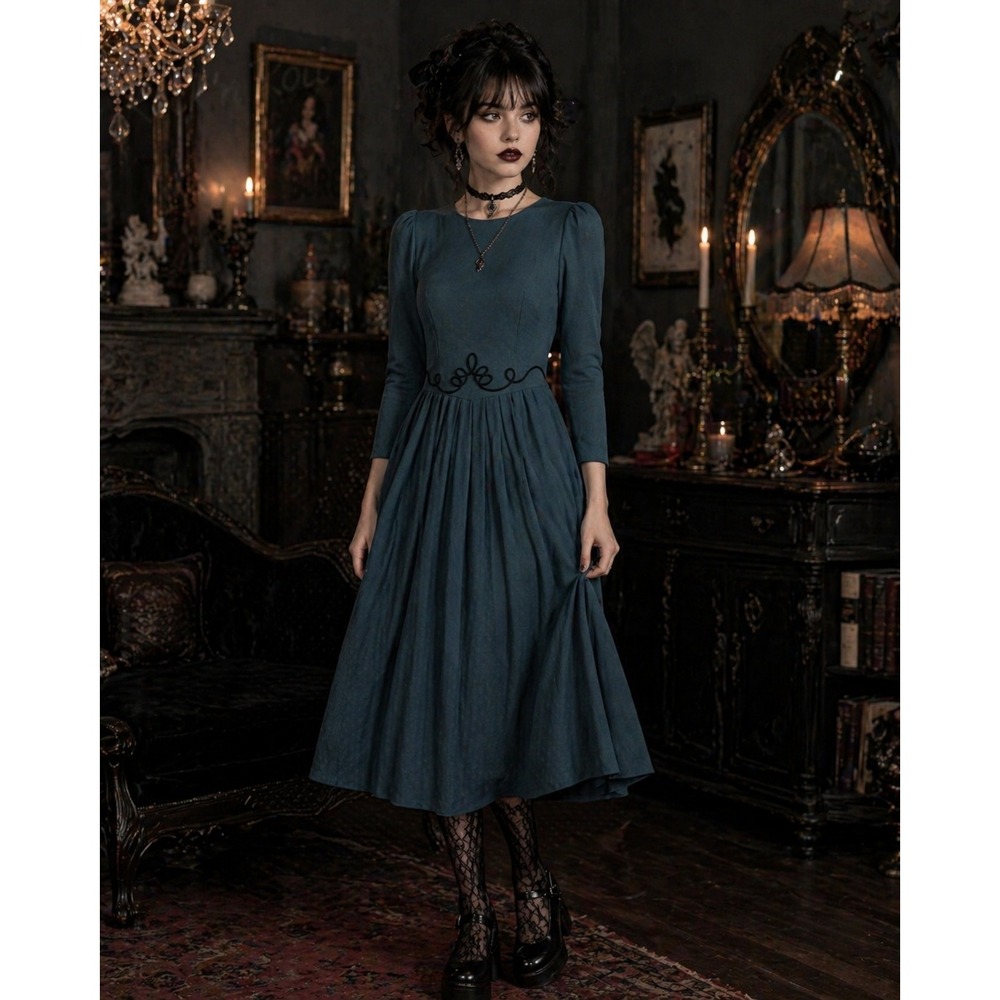 Jessica Howard Vintage Teal Midi Dress Soutache Embroidered Smocked NEW